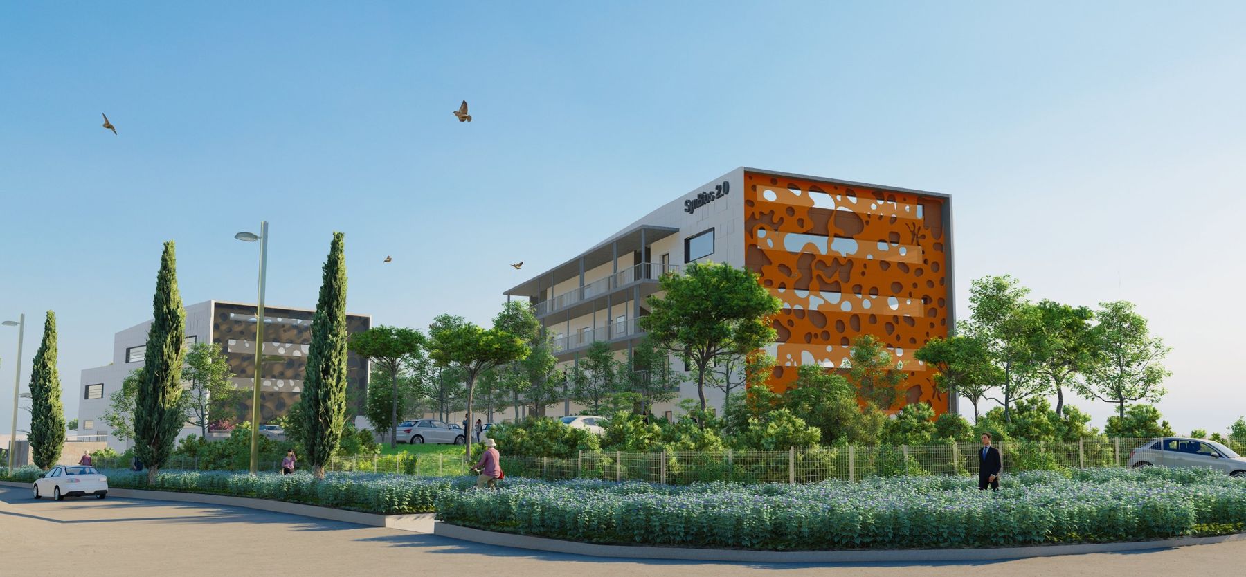 Perspective du projet SynBios 2.0, façade en métal perforé orange